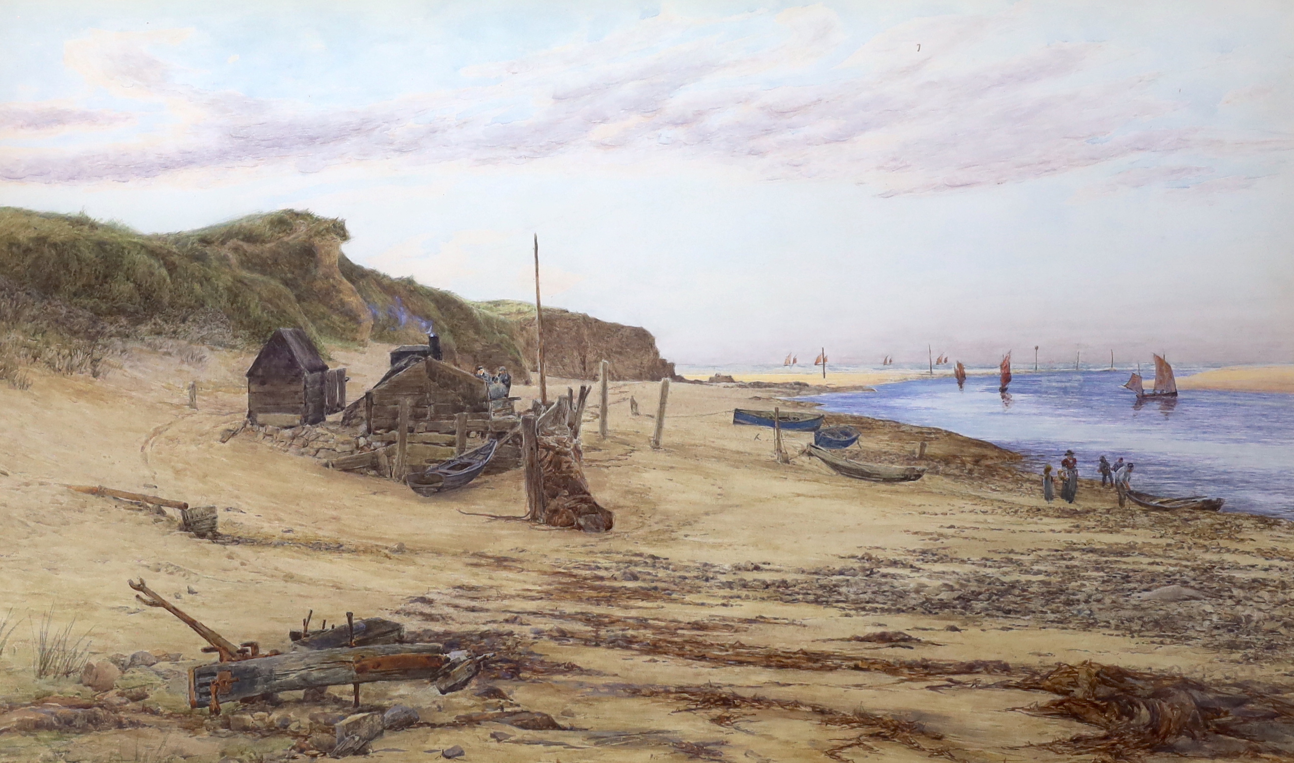Frank Walton (1840-1920), watercolour, Beach scene with fishing boats and figures, signed, 44 x 74cm